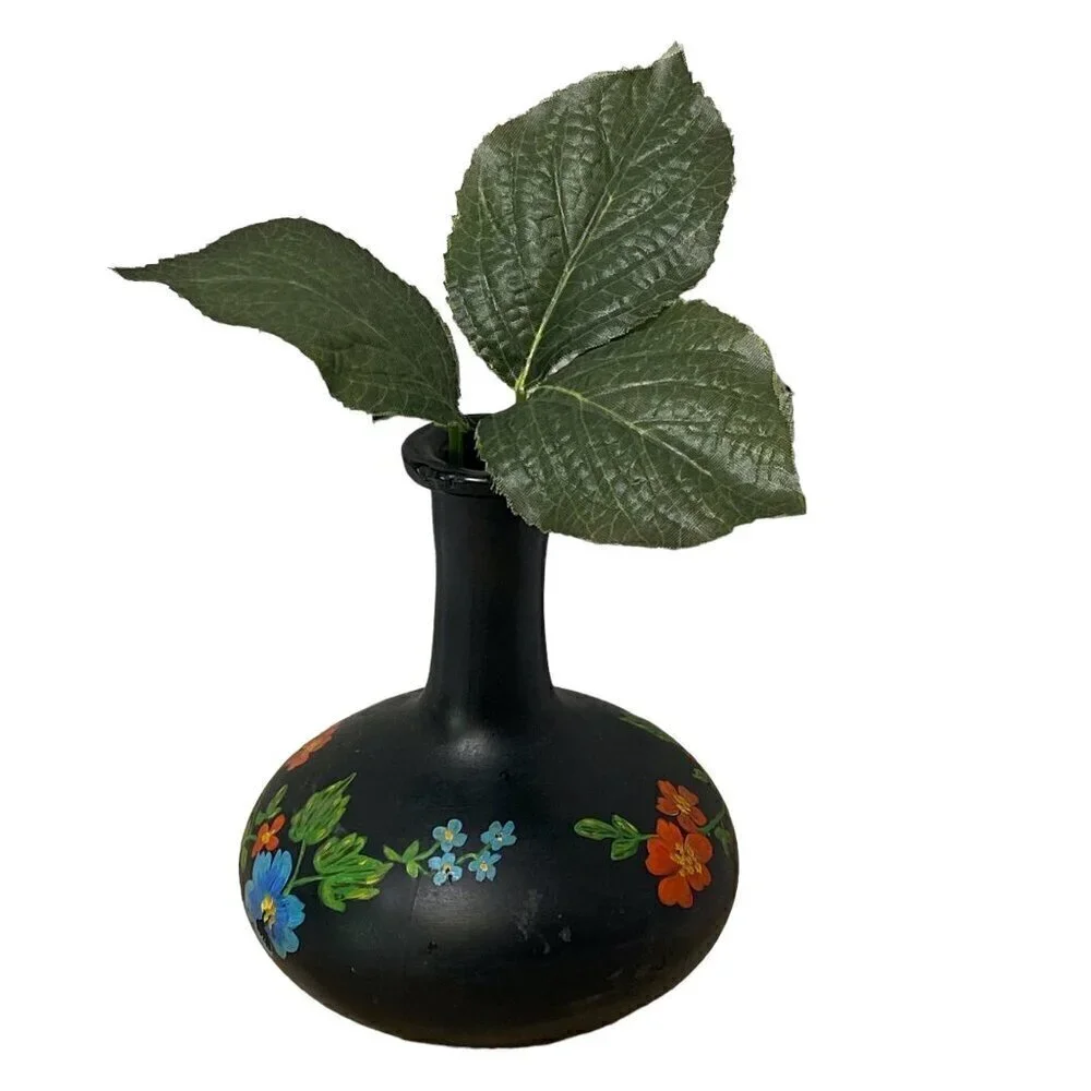 Folk Art Vase Handpainted Glass Black Floral 6